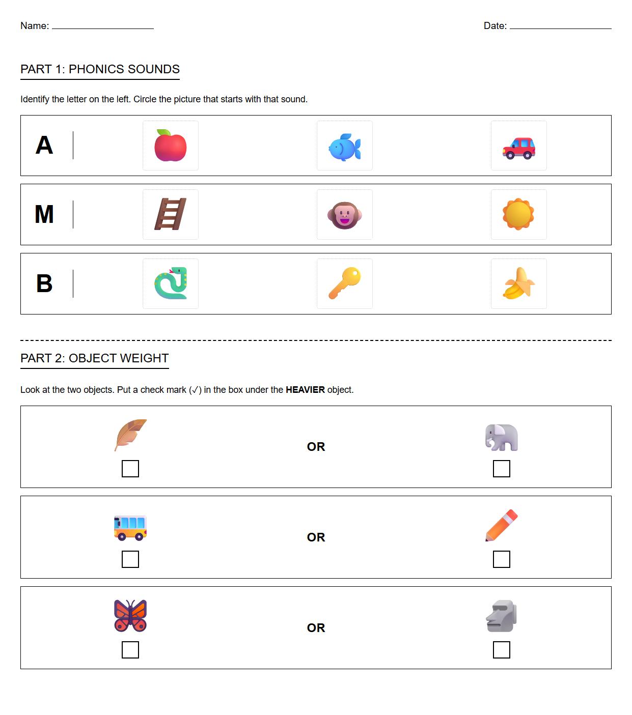 Phonics Discrimination Task Worksheet Object Weight