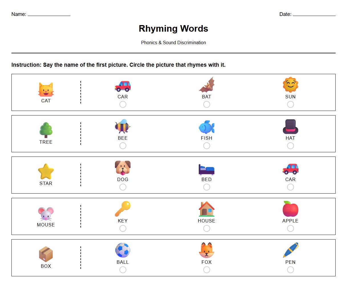 Phonics Rhyming Words Identification Worksheet for Sound Discrimination