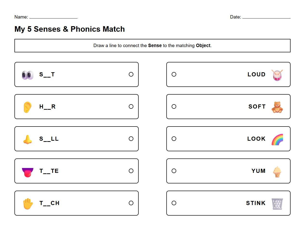 Phonics and Senses Vocabulary Pairing Worksheet