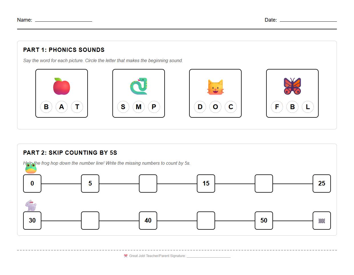 Phonics Sound and Number Line Skip Counting by 5s