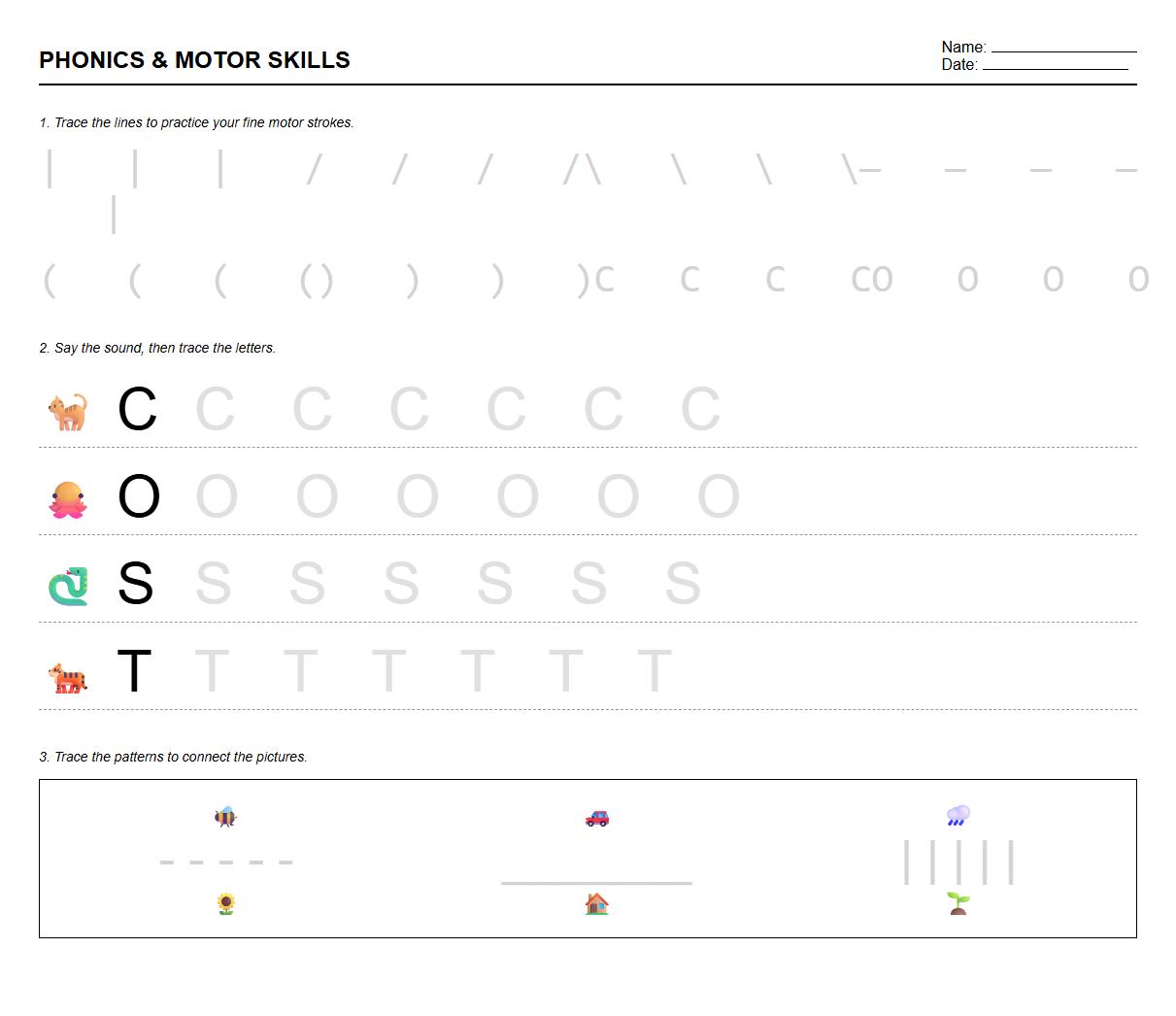 Phonics Tracing Worksheet emphasizing Alphabet Curves and Strokes
