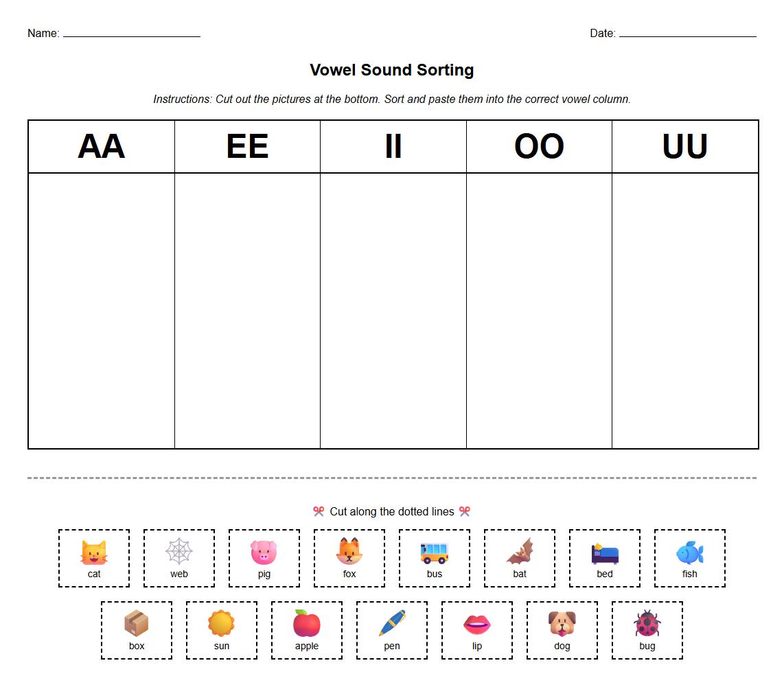 Phonics vowel sound identification sorting sheet