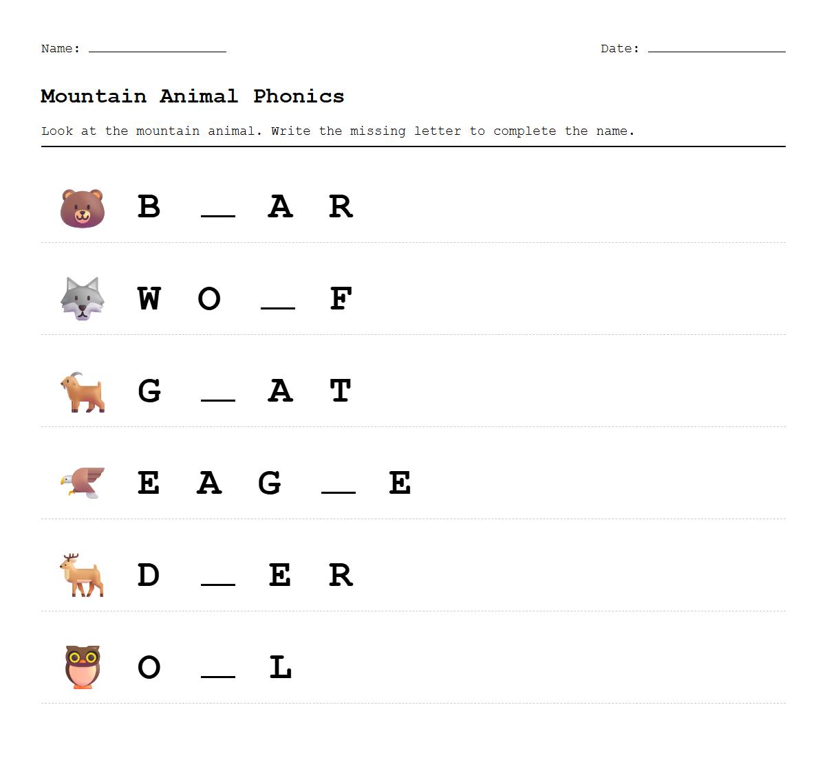 Phonics worksheet completing missing letters of mountain animal names