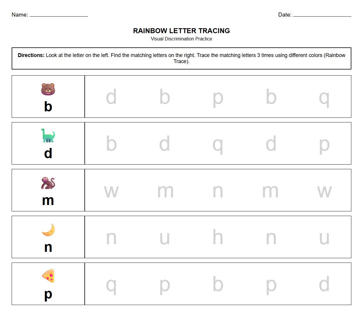 Rainbow Tracing Letters for Visual Discrimination