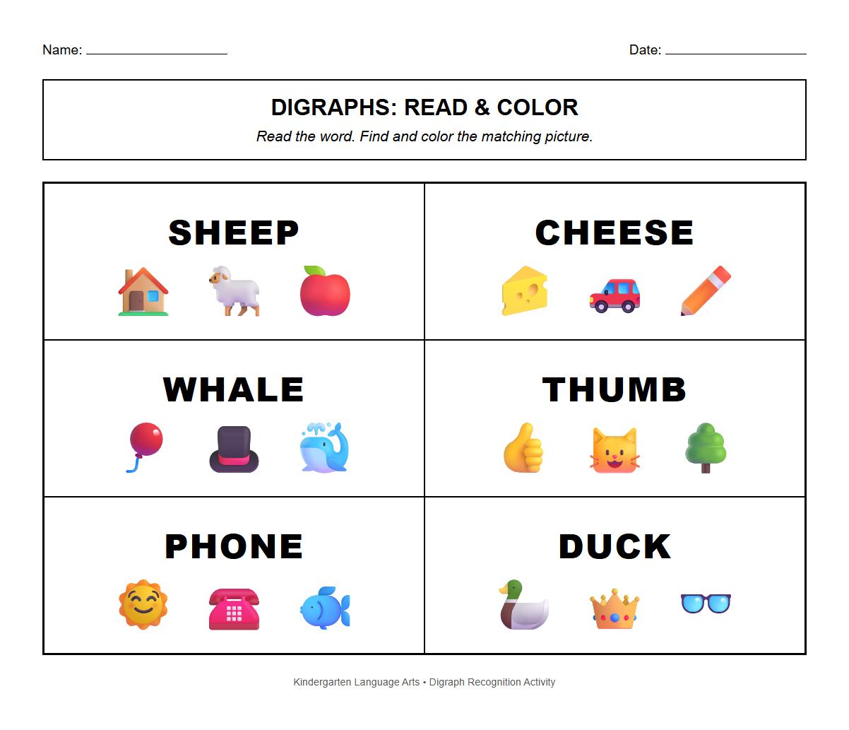 Read and Color Digraphs Words Worksheet