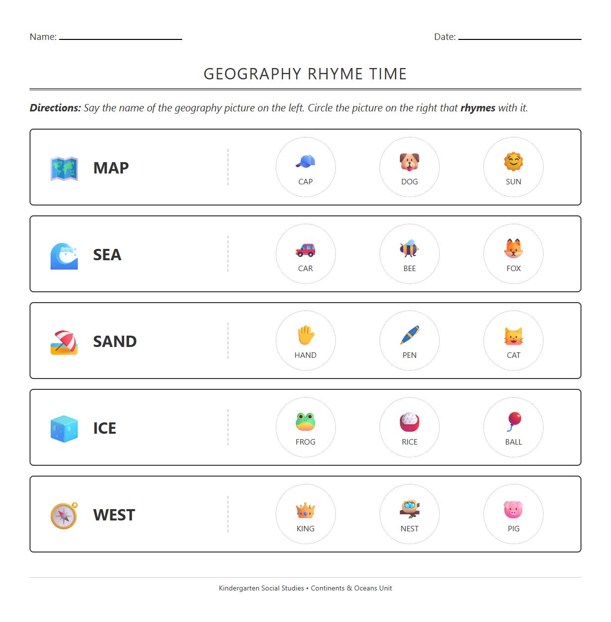 Rhyming Practice with Continents and Oceans Worksheet