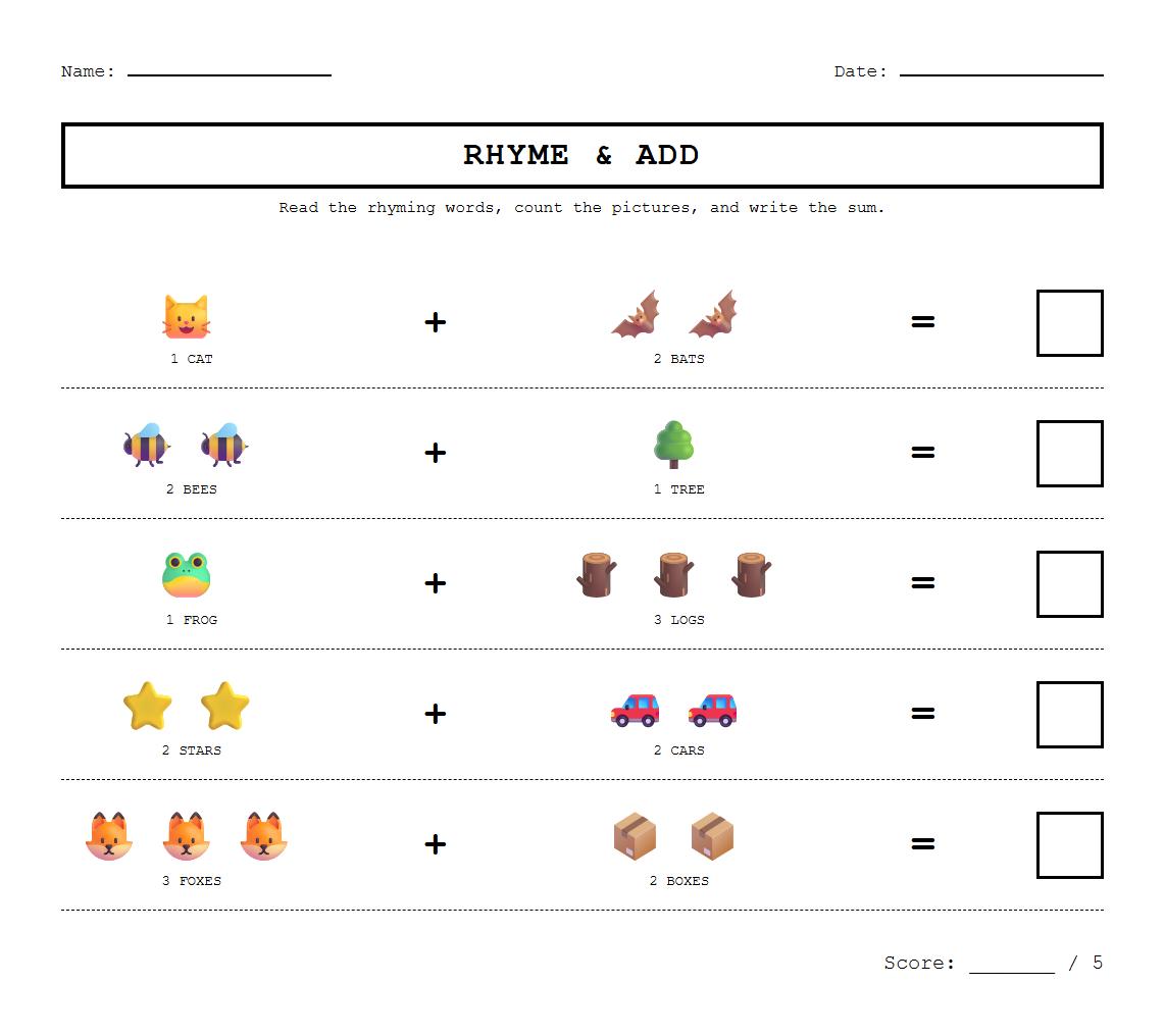 Rhyming Word Addition Worksheet with Phonics Focus