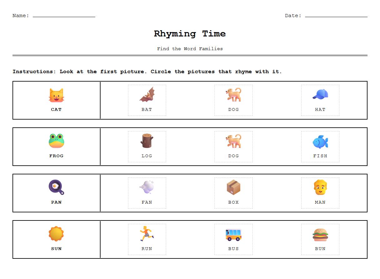 Rhyming Word Families Identification Worksheet