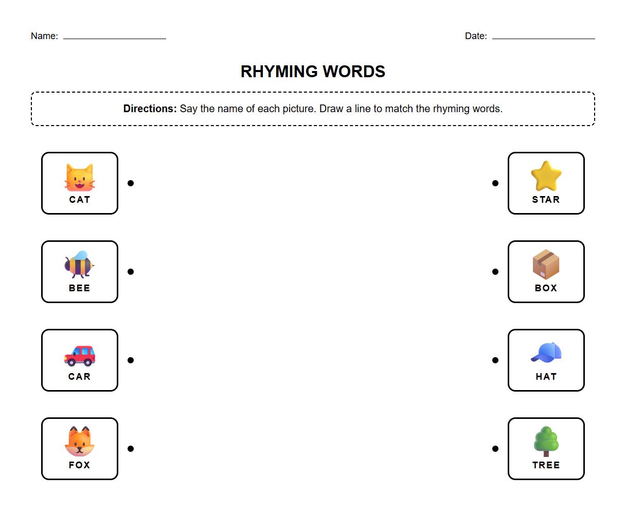 Rhyming Words Activity Worksheet for Phonemic Awareness