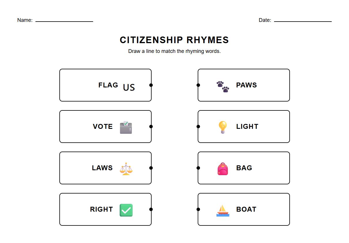 Rhyming Words Identification Worksheet using Citizenship Vocabulary