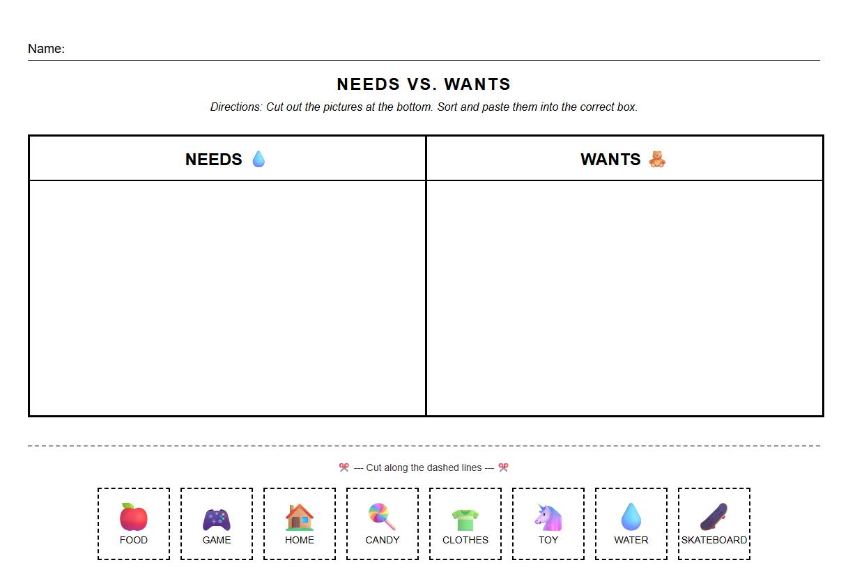 Rhyming Words Needs and Wants Cut and Paste Activity