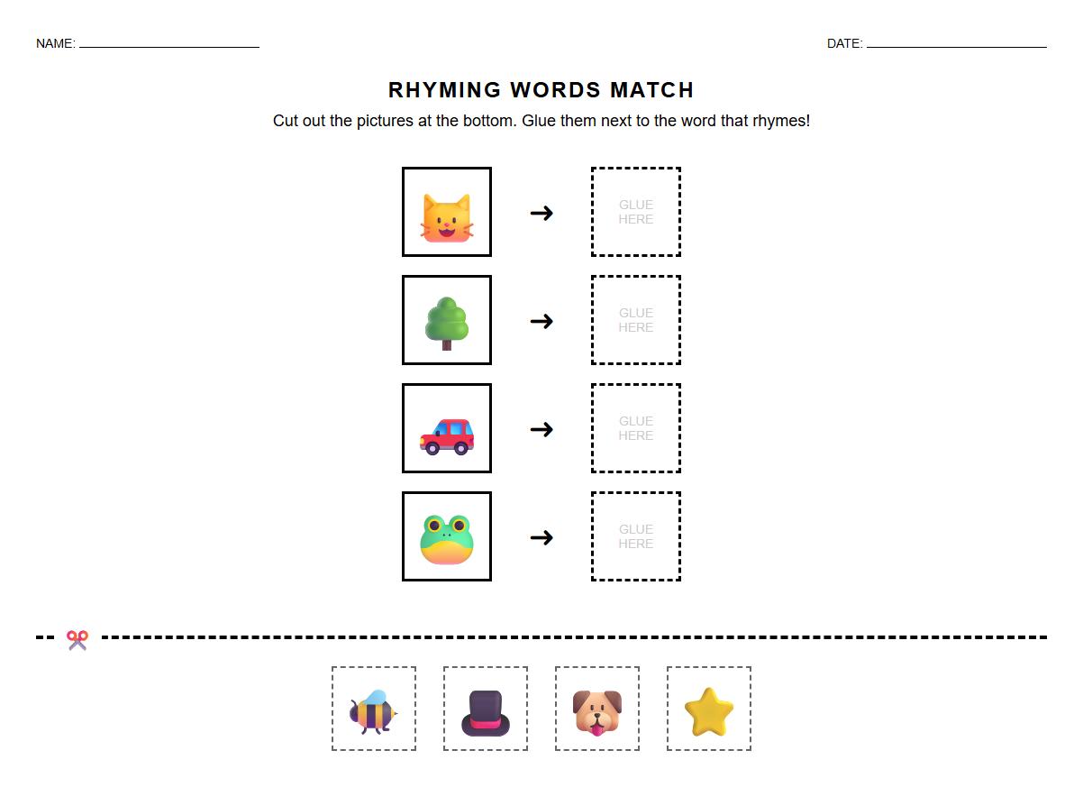 Rhyming Words Phonics Scissor Sorting Exercise
