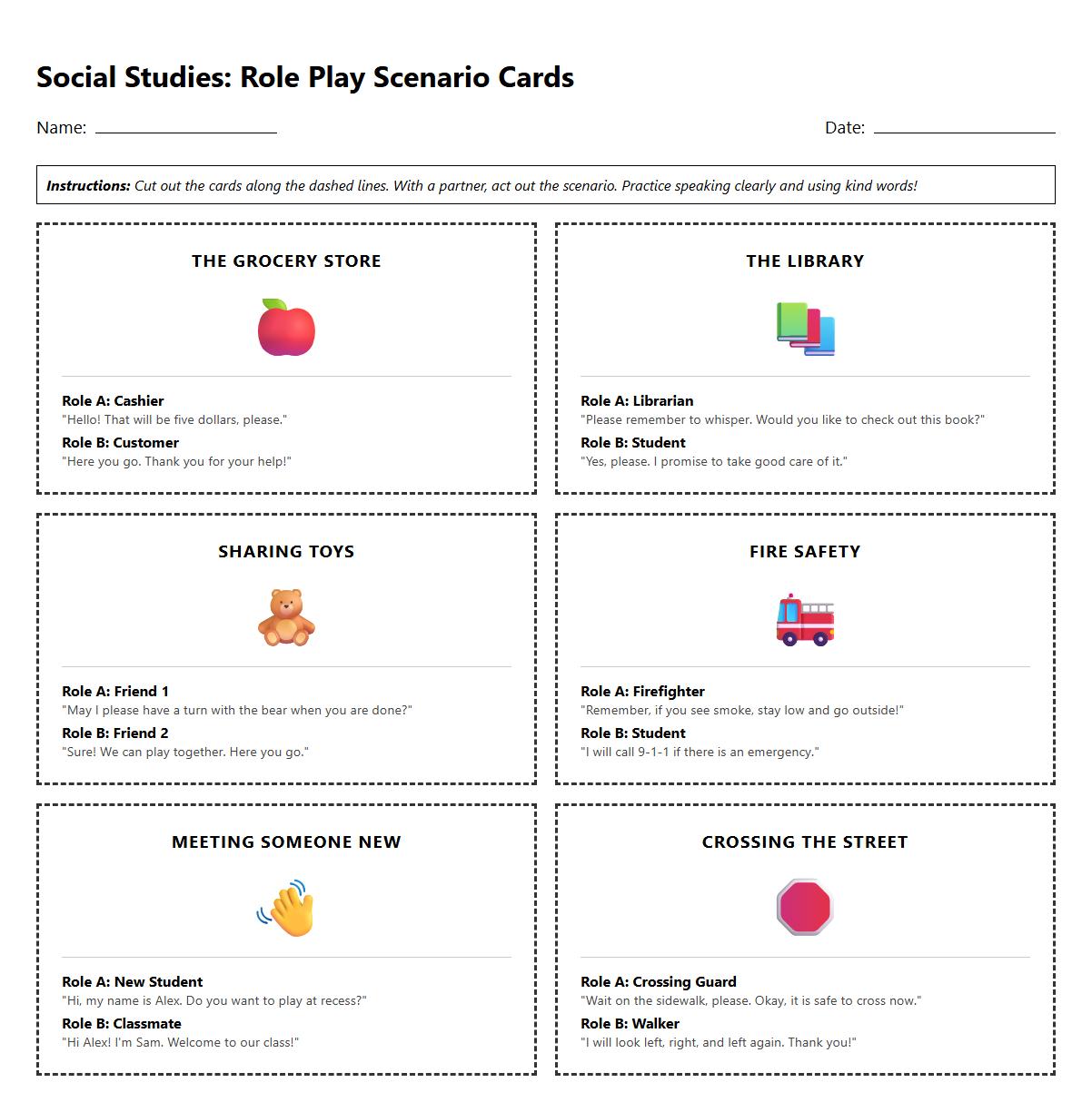 Role Play Scenario Cards for Speaking Fluency and Expression