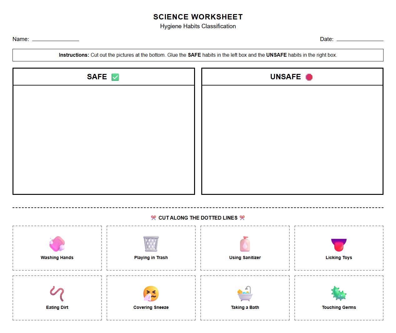 Safe vs Unsafe Hygiene Habits Classification Worksheet