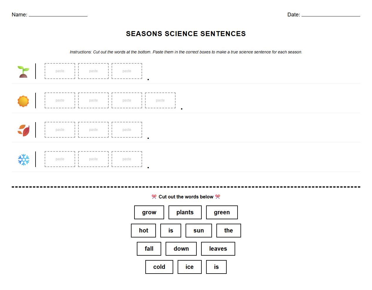 Sentence Construction Worksheet using High Frequency Words about Seasons