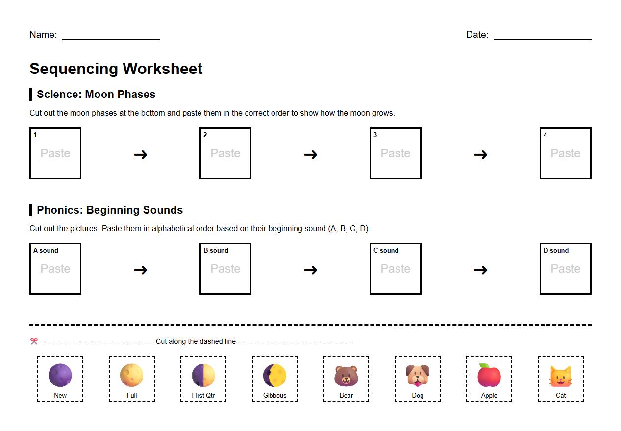 Sequencing Activity Sheet on Beginning Phonics Sounds and Moon Phases