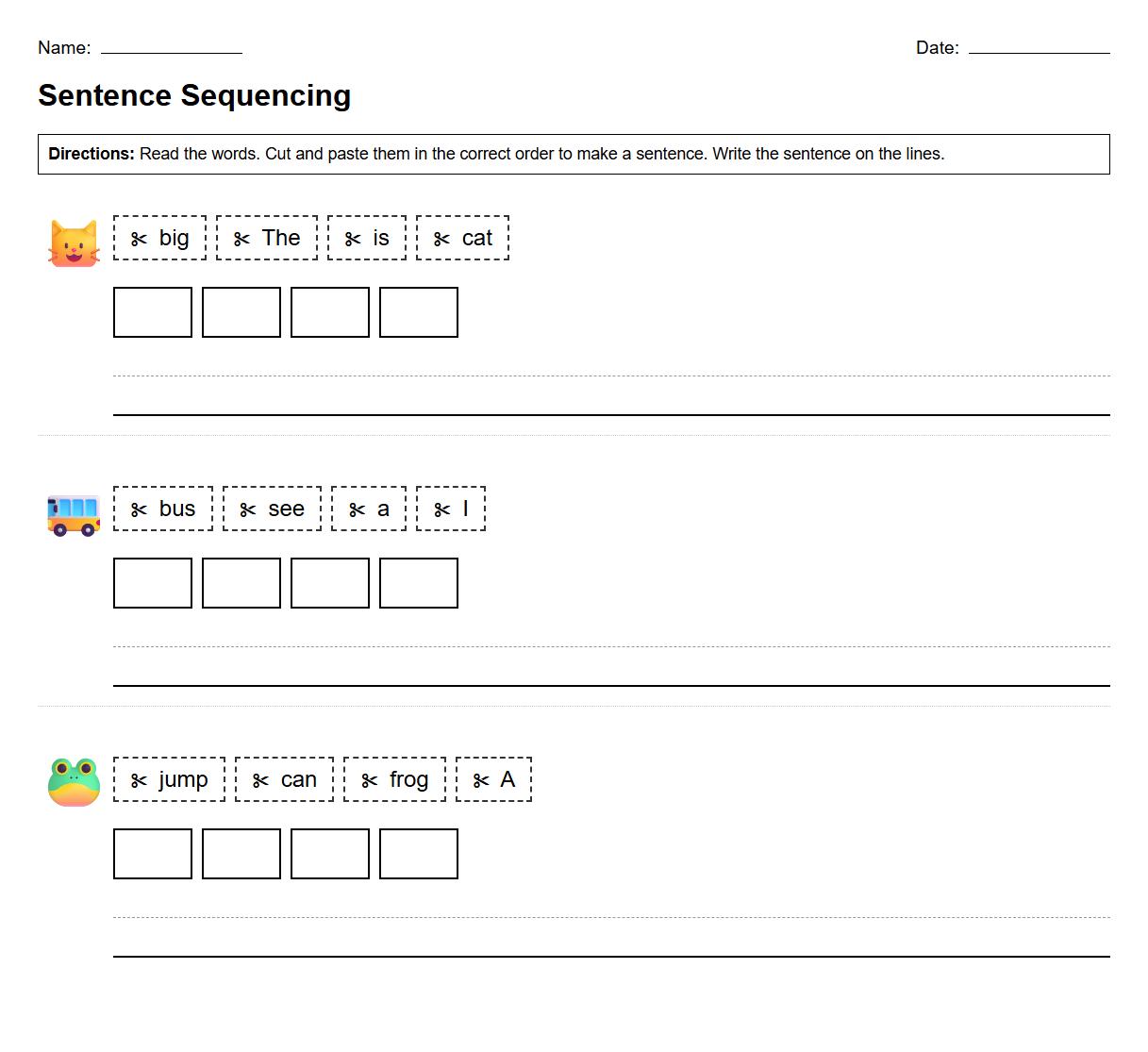 Sequencing Sentences Worksheet using High Frequency Words