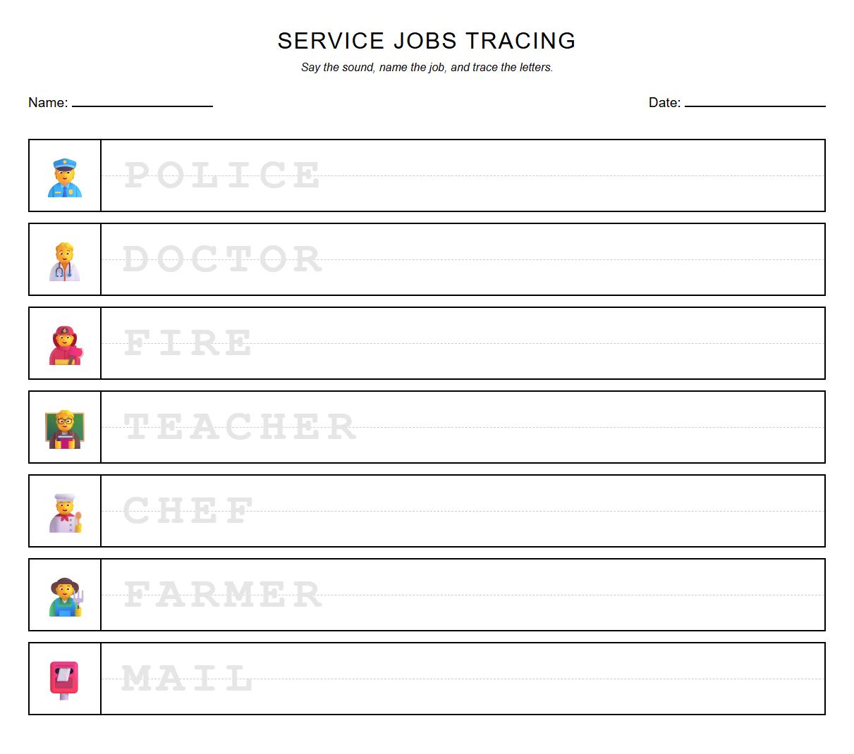 Service Job Tracing List for Letter Sound Correspondence and Visual Motor Integration