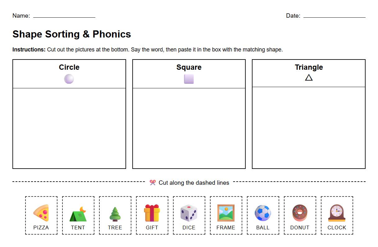Shape Attributes Sorting Phonics Worksheet