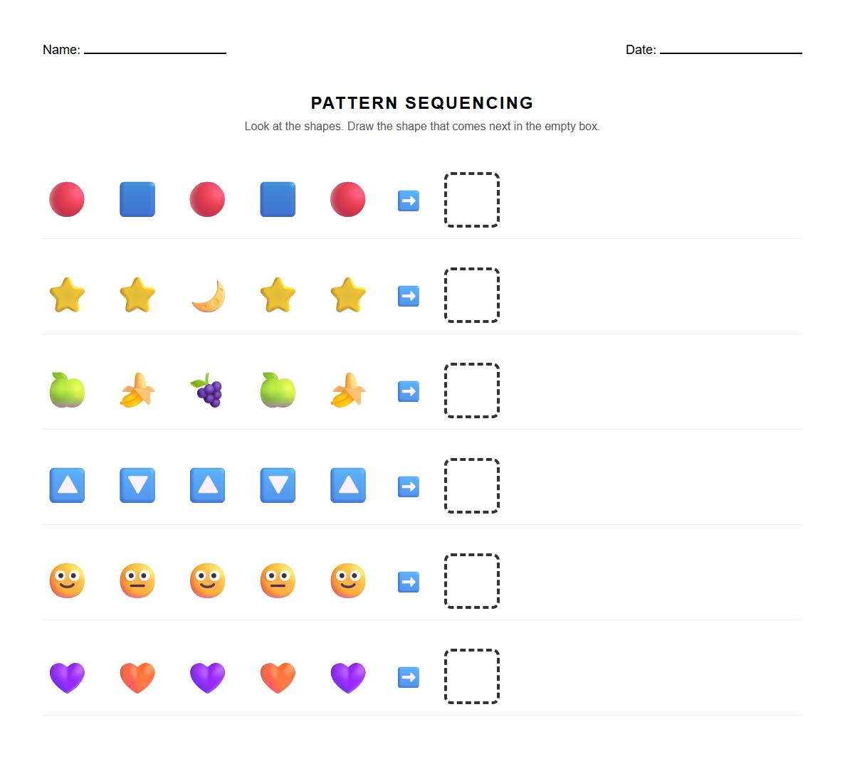 Shape and Color Pattern Sequencing Worksheet