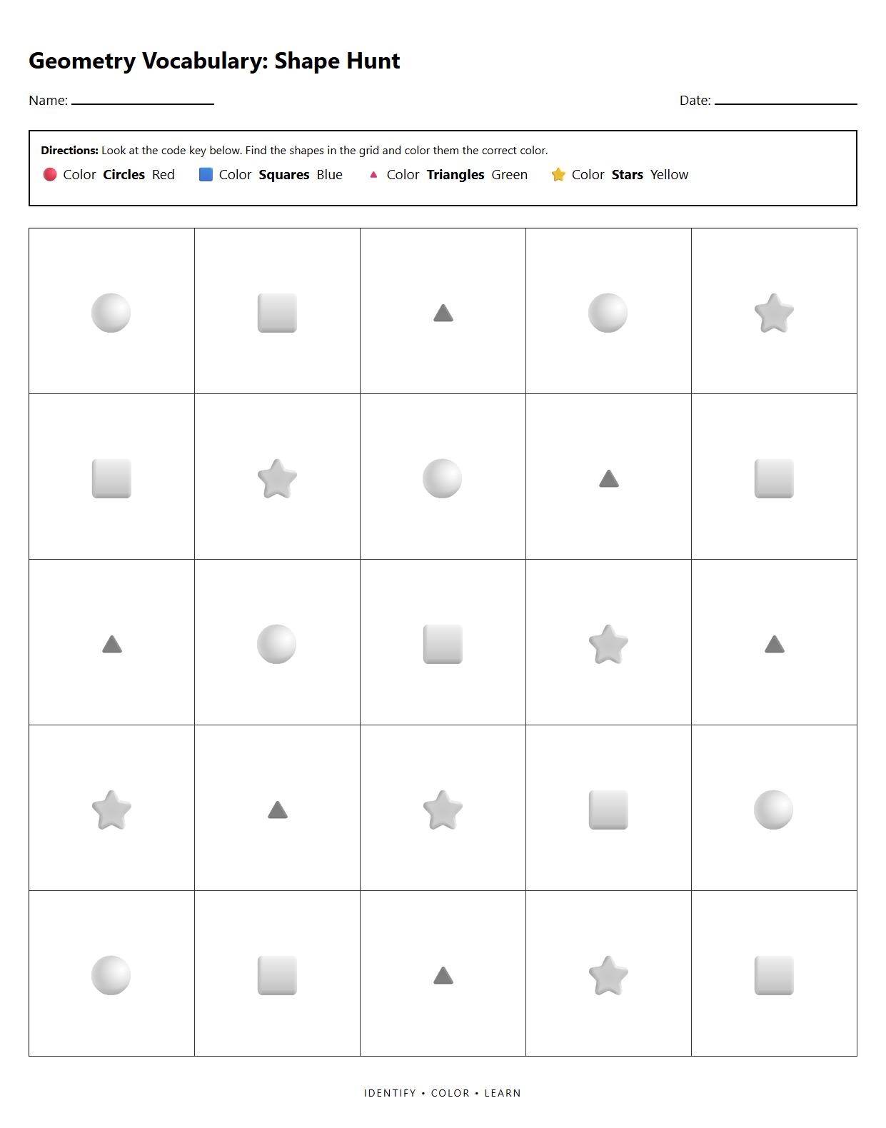 Shape Coloring Worksheet for Identifying Geometry Vocabulary