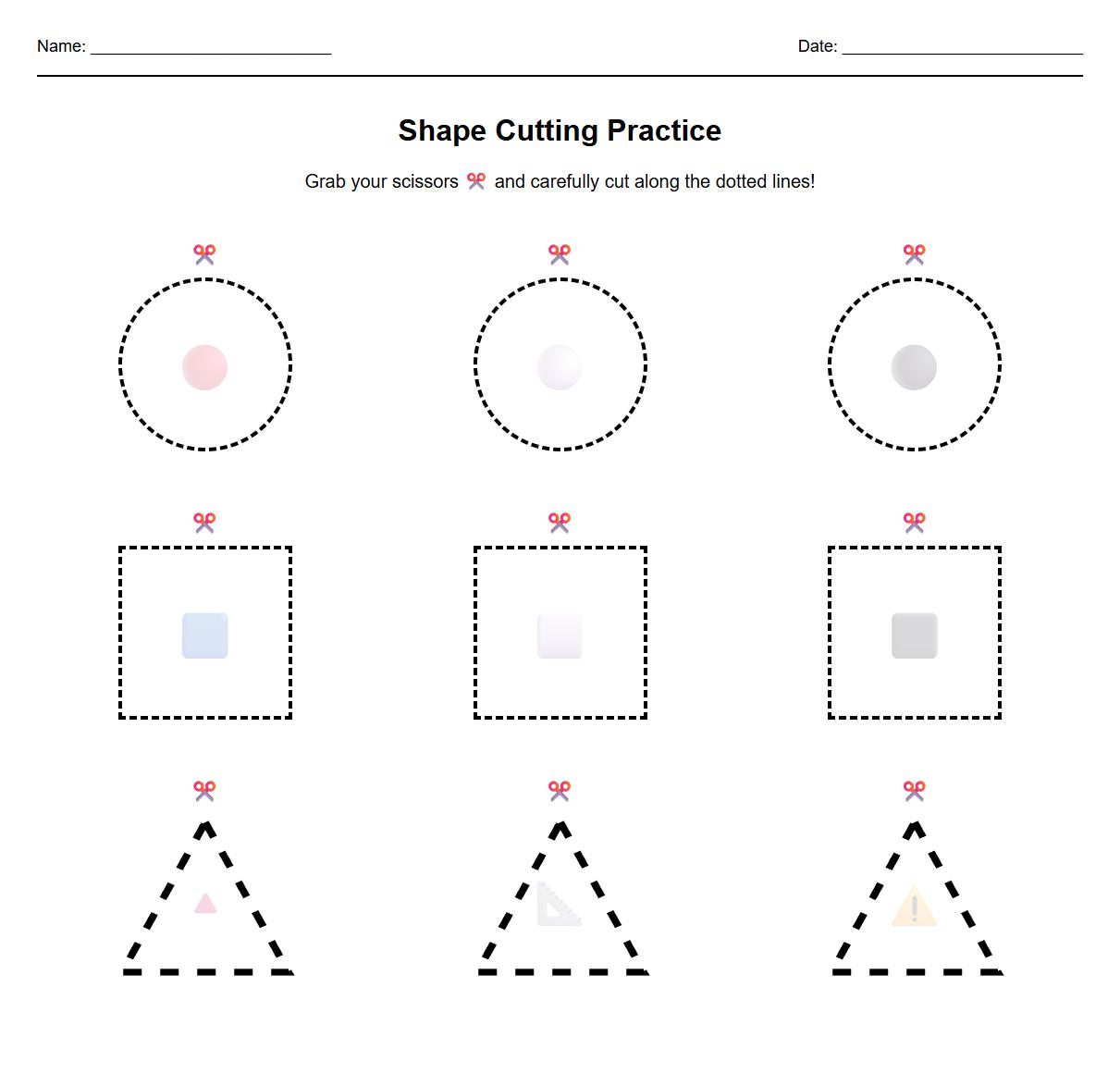 Shape Cutting Worksheets Featuring Circles Squares and Triangles