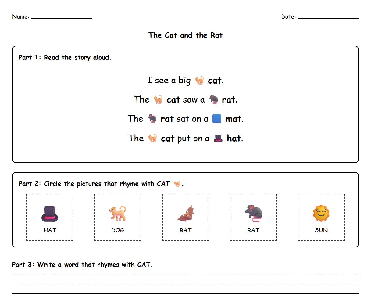 Short Story Worksheet incorporating Rhyming Words Recognition