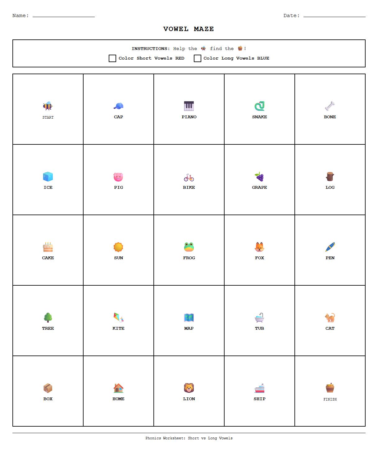 Short Vowel and Long Vowel Word Maze Phonics
