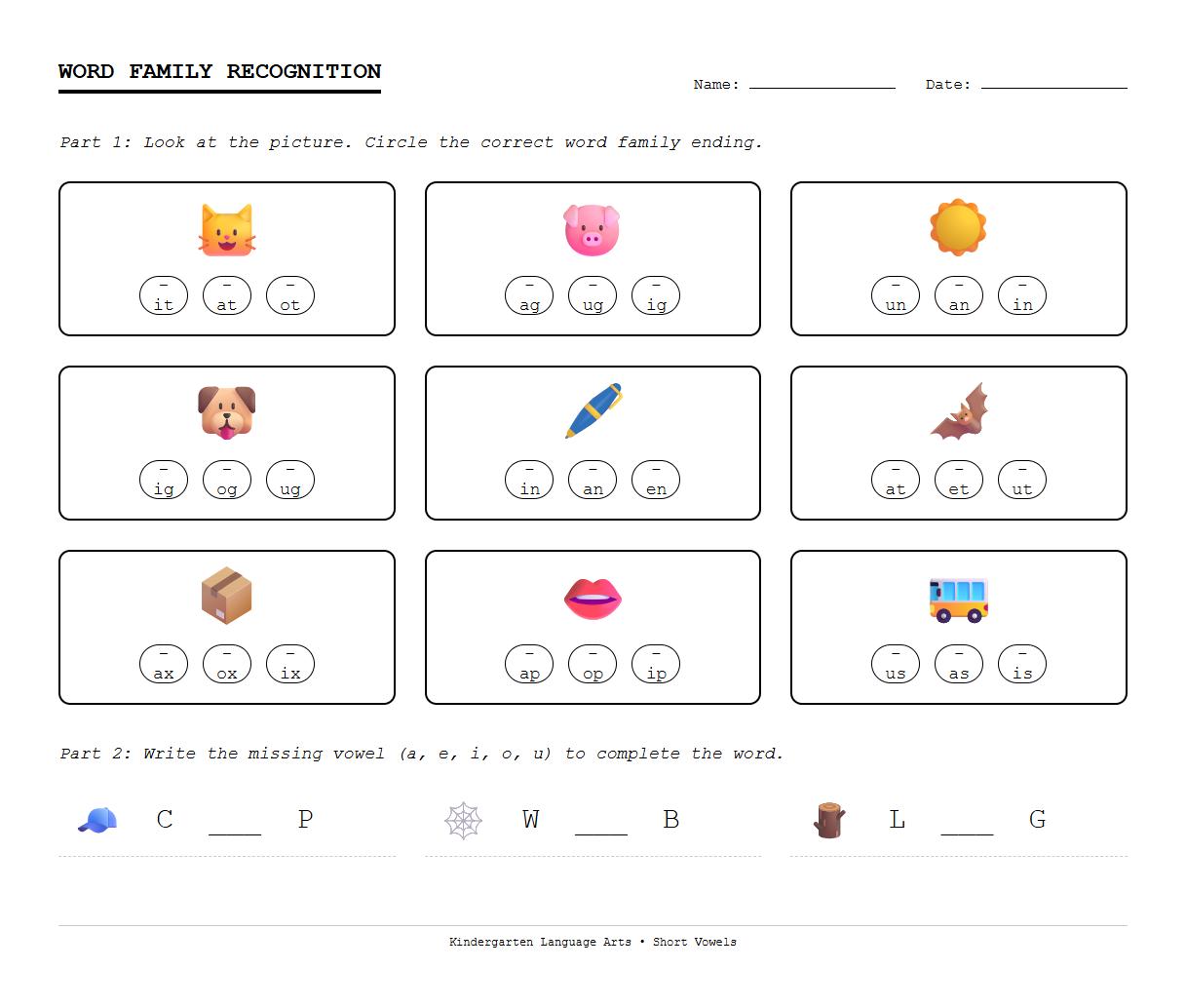 Short Vowel Word Family Recognition Worksheet