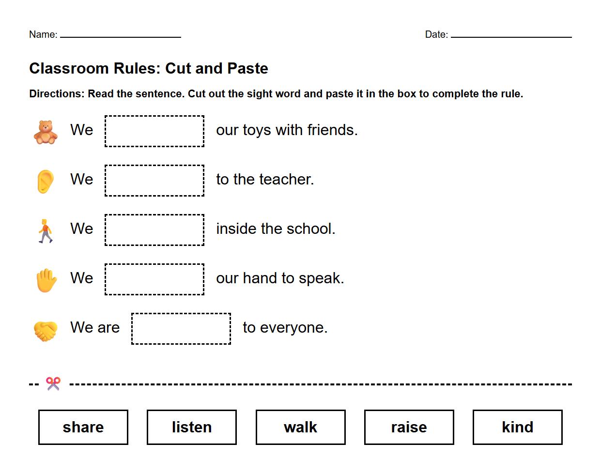 Sight Word Recognition Worksheet for Classroom Rules Incorporating Cut and Paste Technique
