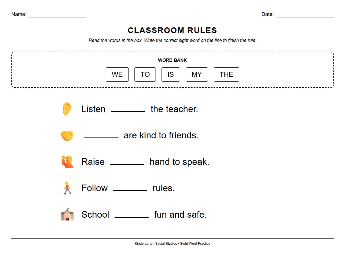 Sight Word Recognition Worksheet with Classroom Rules Utilizing Cloze Passage Approach