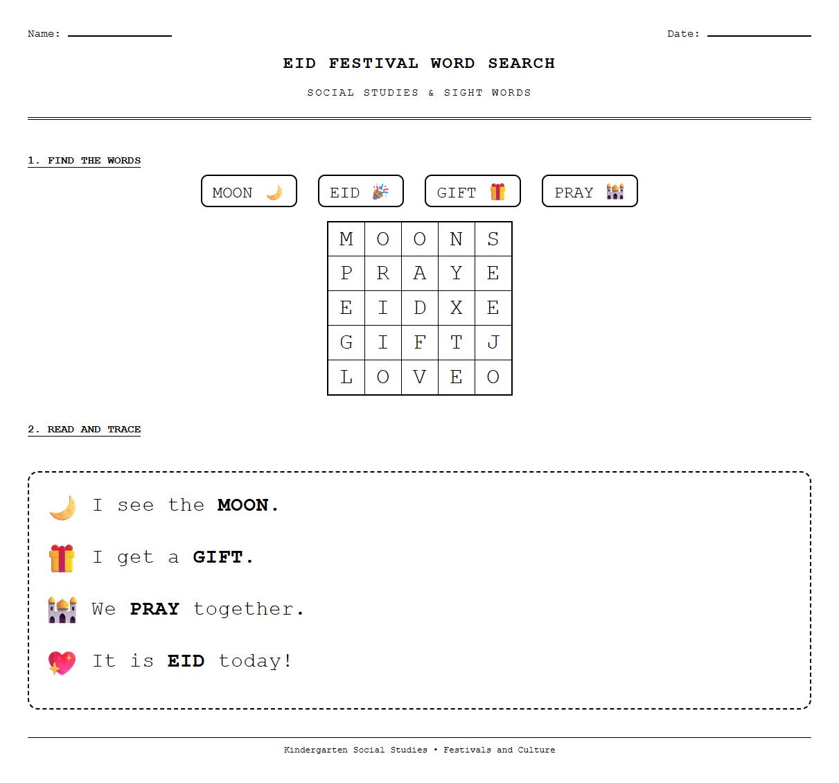 Sight Word Search with Eid Festival Words and Fluency Focus