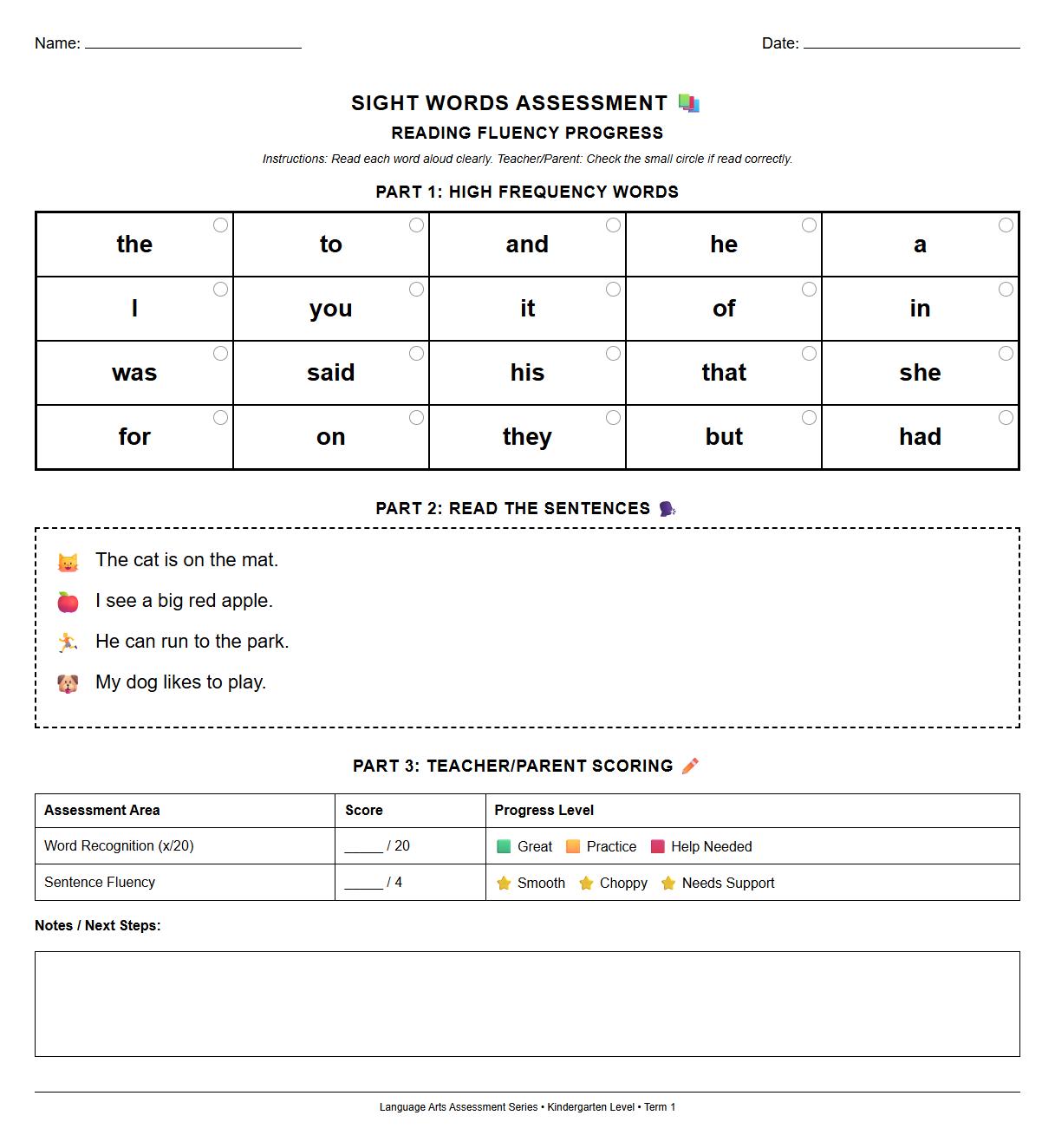 Sight Words Assessment for Reading Fluency Progress