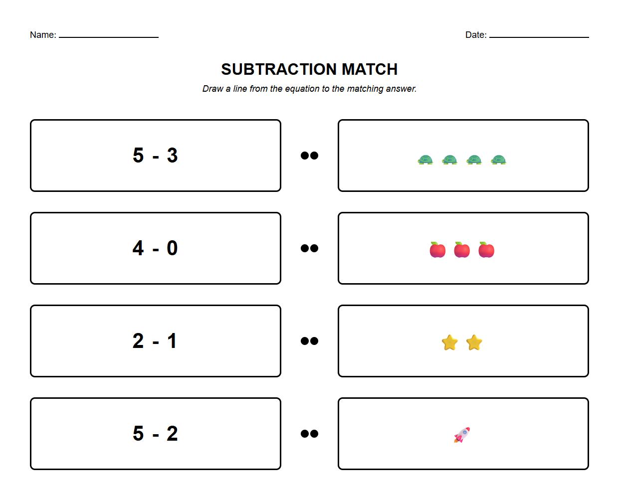 Single Digit Subtraction Equation Matching