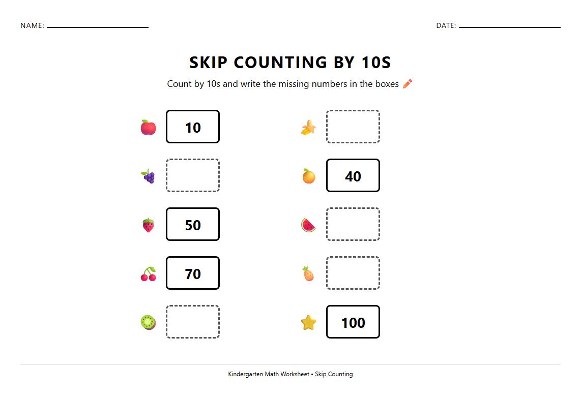 Skip Counting by 10s Missing Number Chart