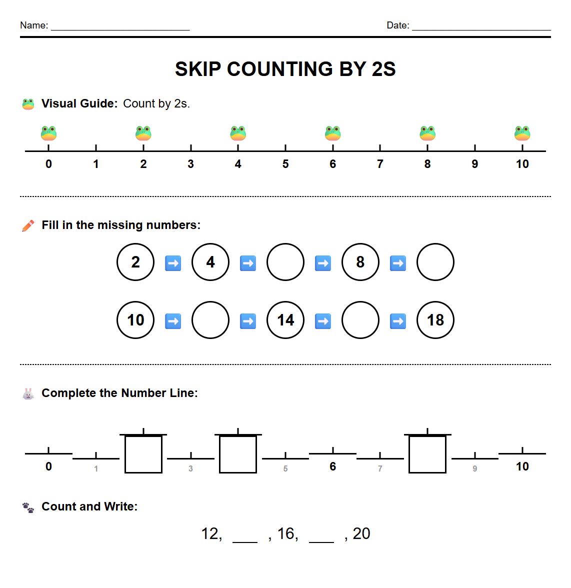 Skip Counting by 2s Number Line Visual Worksheet