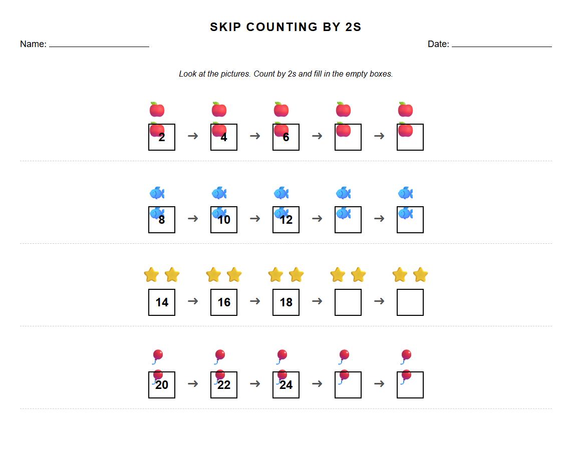 Skip Counting by 2s with Picture Patterns Worksheet