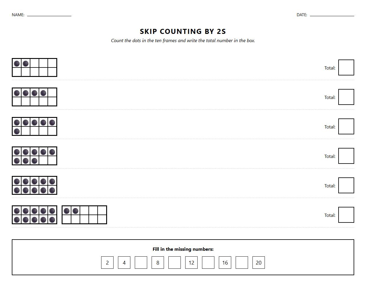 Skip Counting by 2s with Ten Frames Worksheet