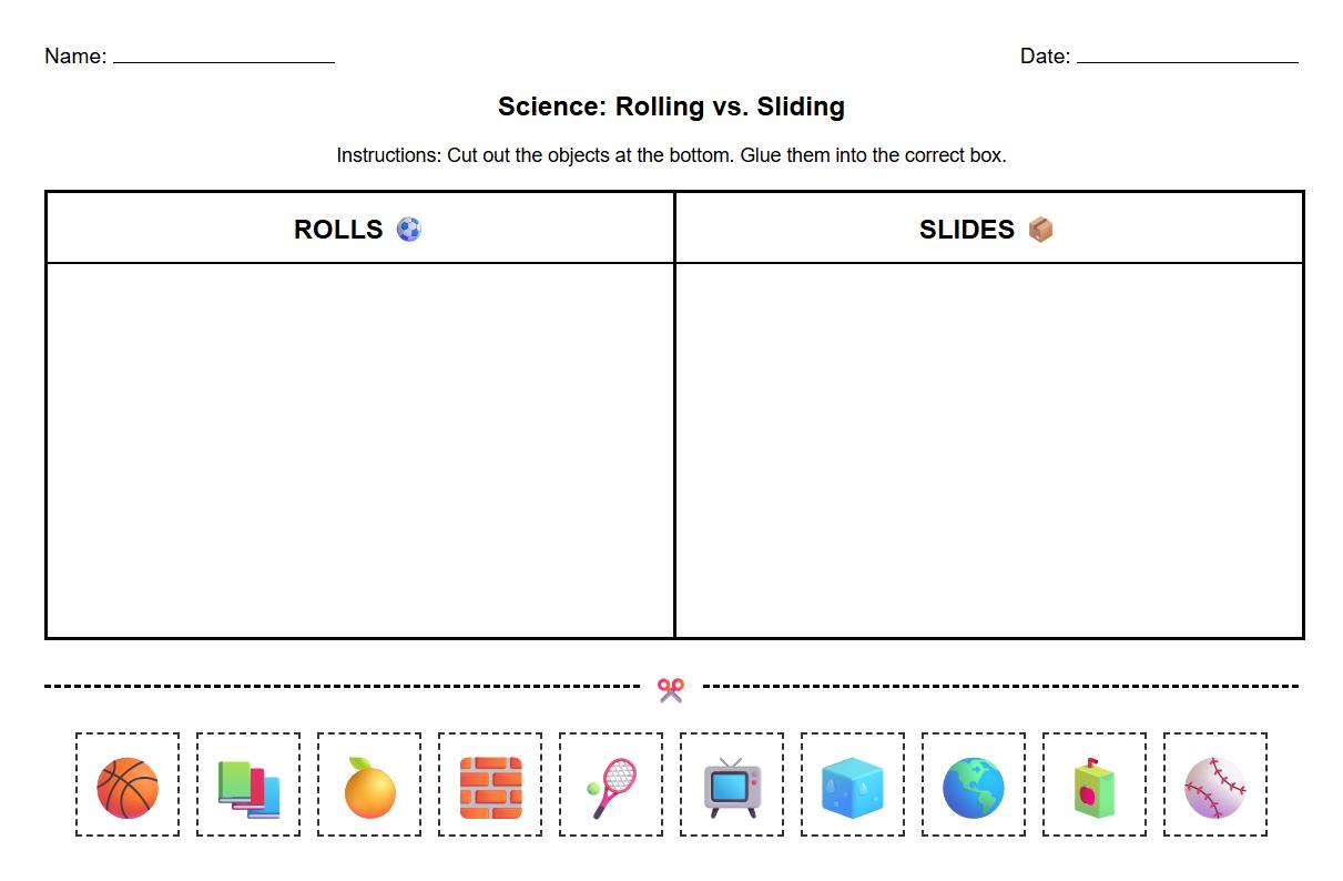 Sort and Classify Worksheet for Rolling vs Sliding Objects