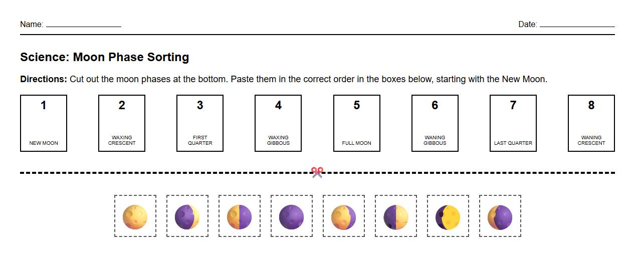 Sorting activity: Arrange moon phase images in sequential order