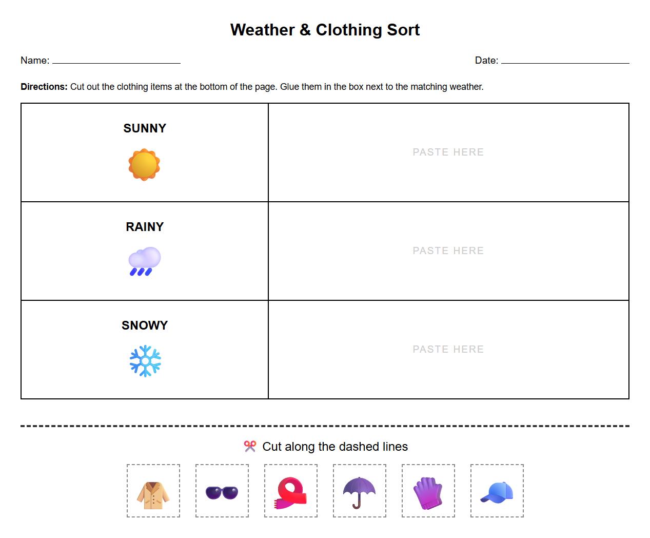 Sorting Activity Weather Scenarios and Appropriate Clothing Visuals