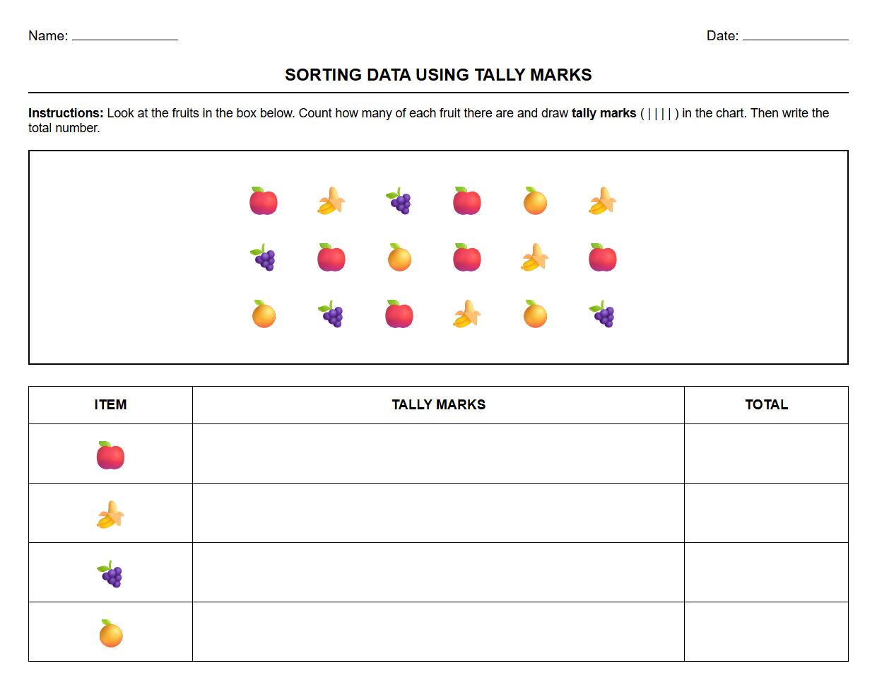 Sorting Data Using Tally Marks Activity