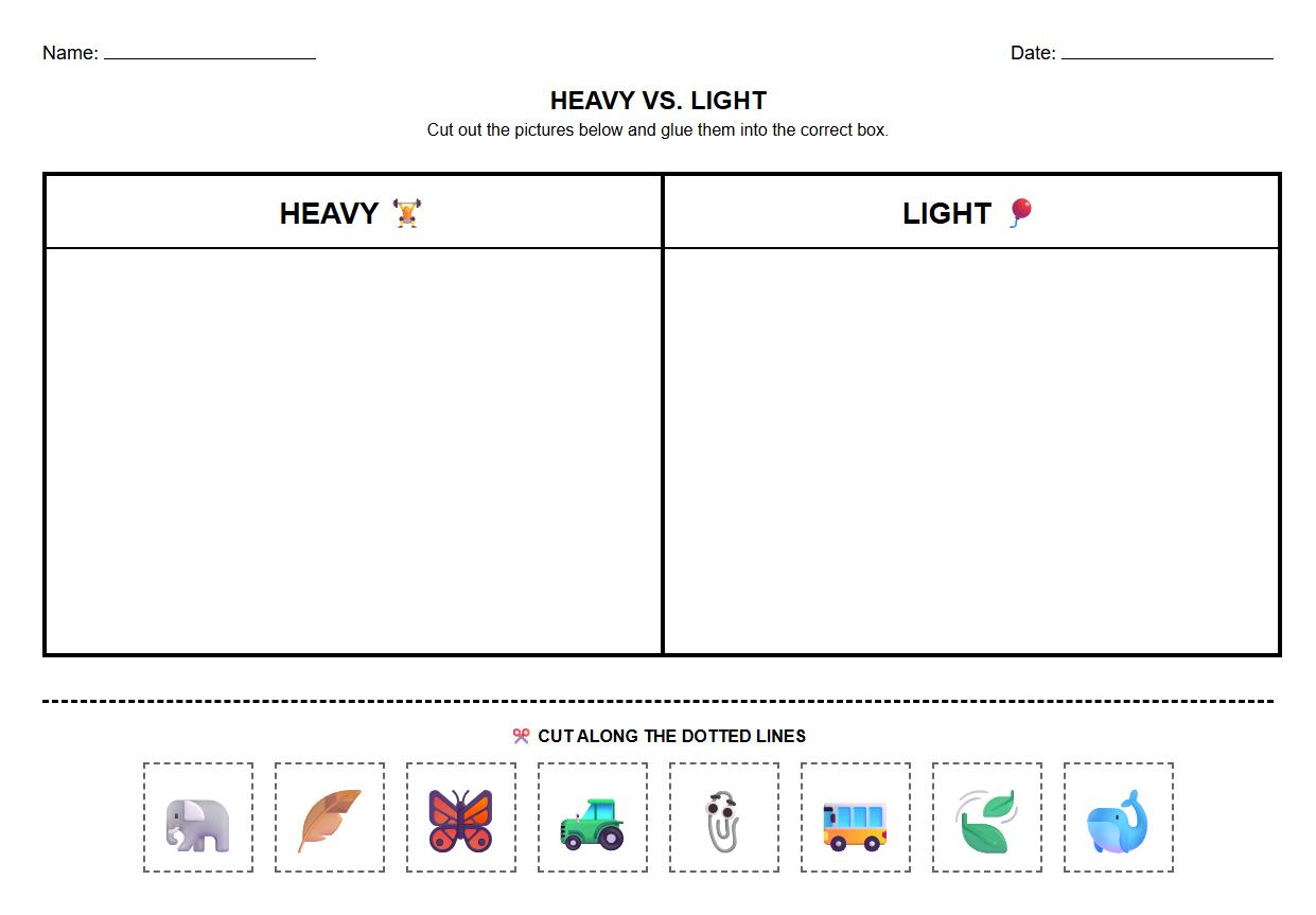 Sorting Heavy and Light Objects by Beginning Phoneme Worksheet