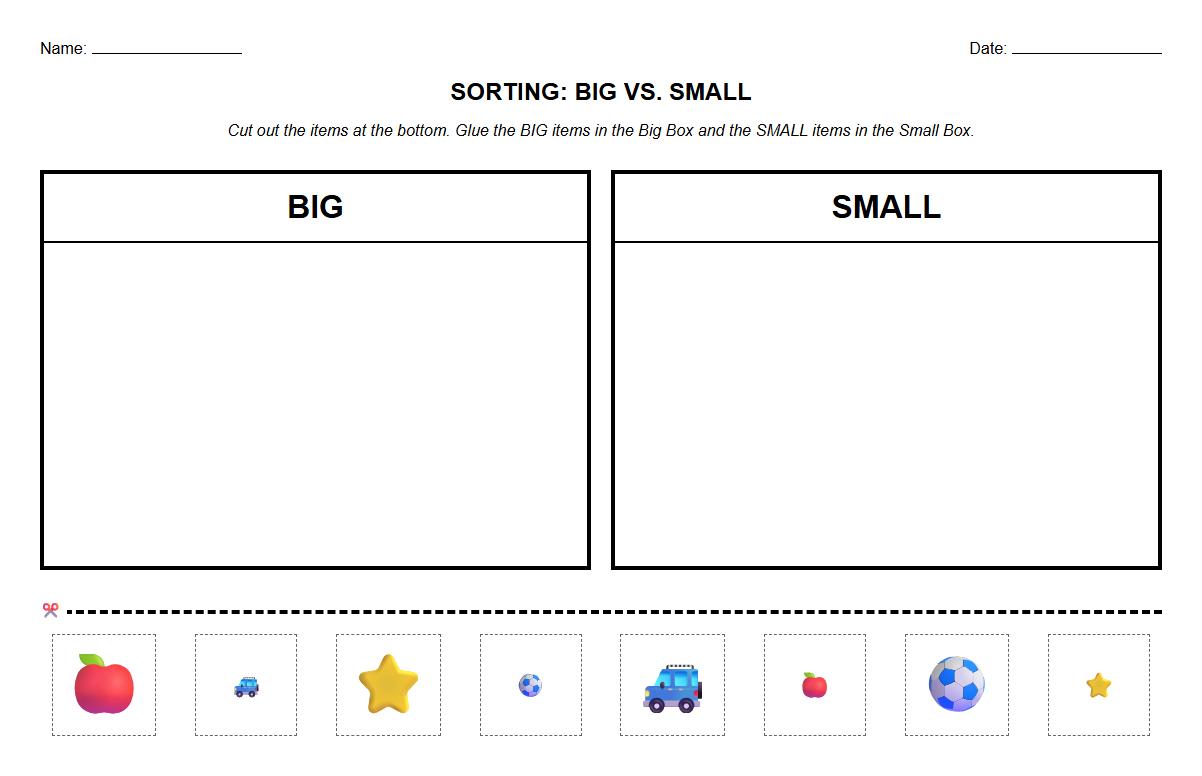 Sorting by Physical Attribute Worksheet with Big Small Focus