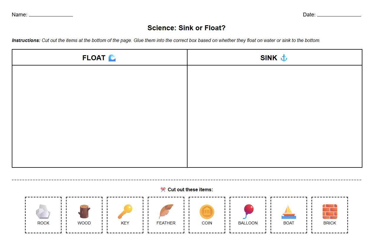 Sorting Worksheet: Classifying Materials by Density