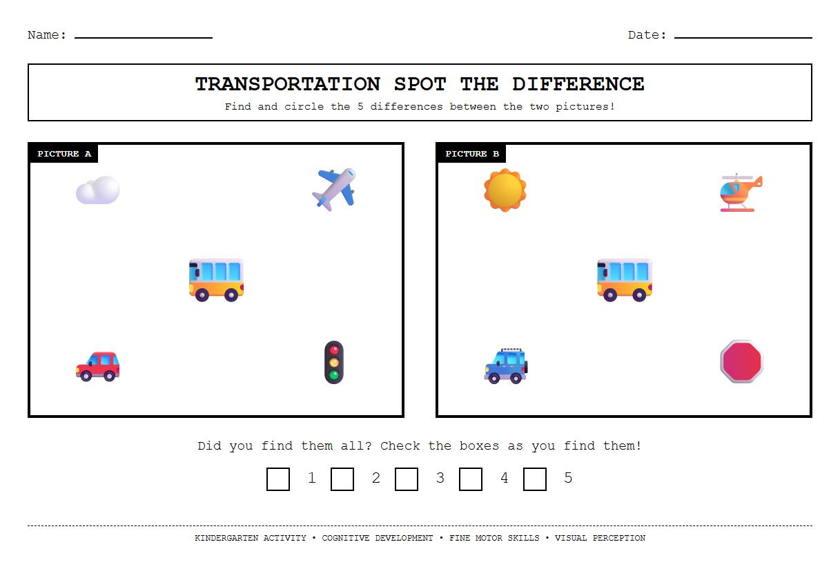 Spot the Difference Worksheet using Transportation Themes for Cognitive Development