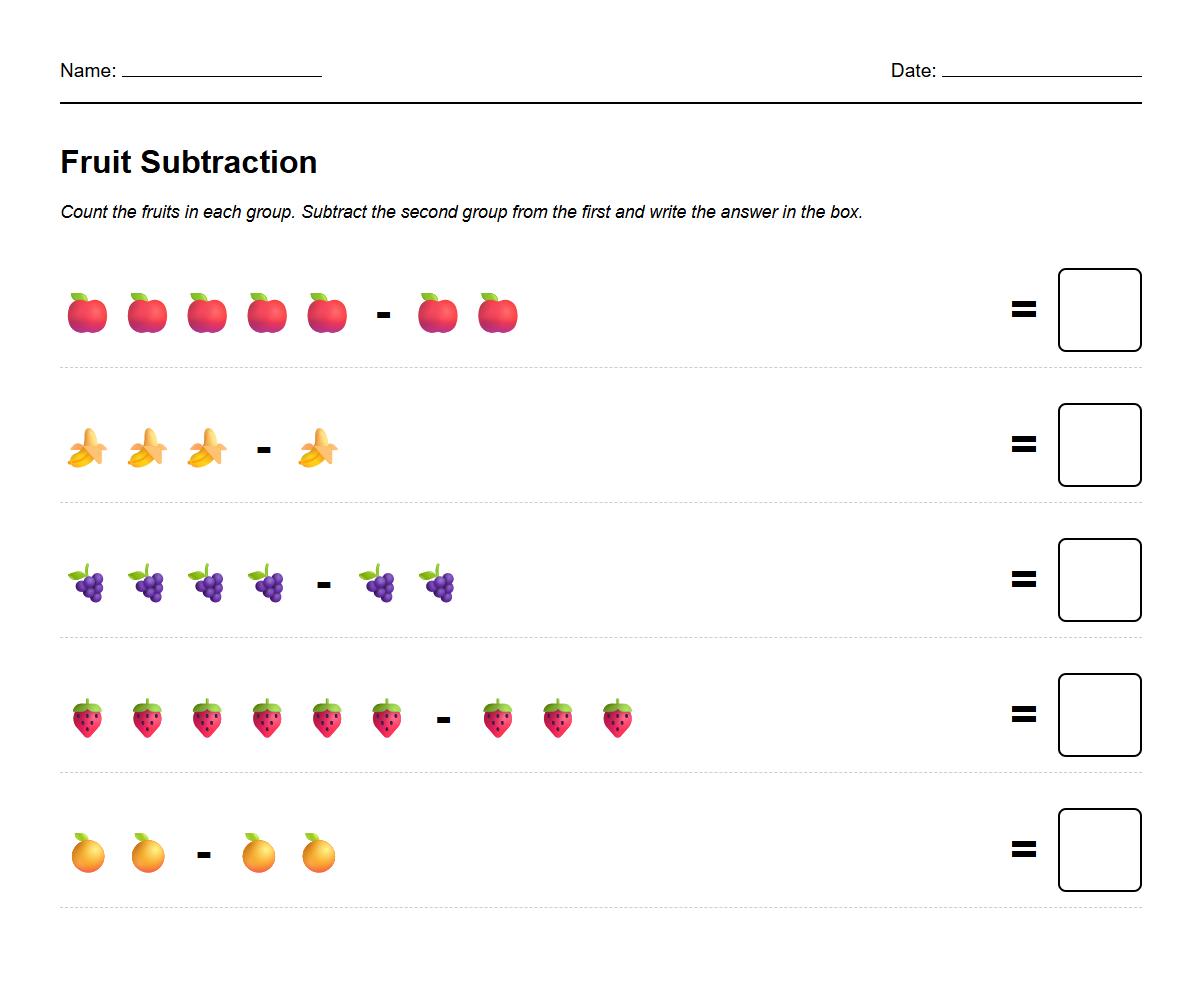 Subtraction activity with fruit object counters