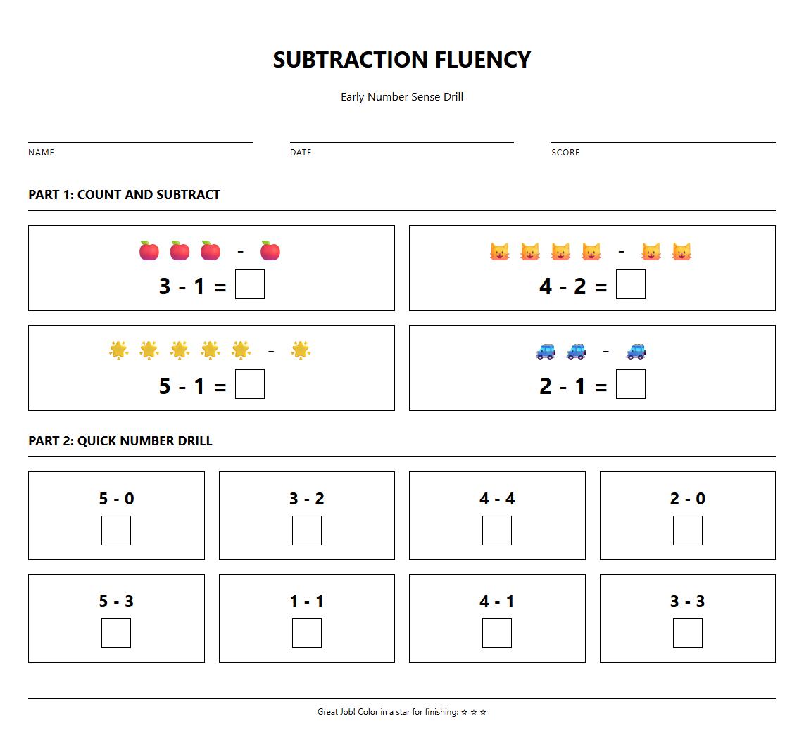 Subtraction Fluency Drill for Early Number Sense Worksheet
