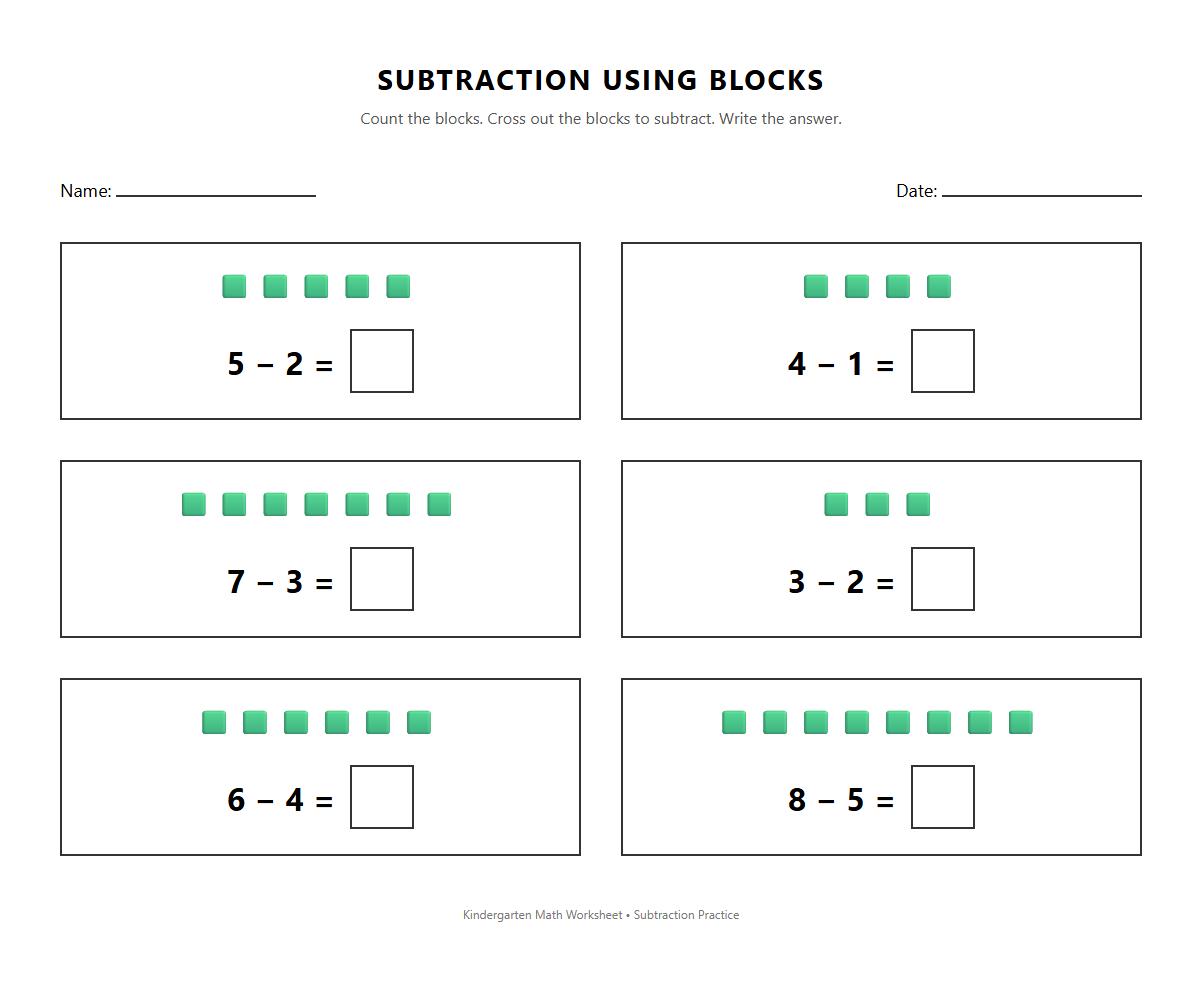 Subtraction Using Base Ten Blocks Worksheet