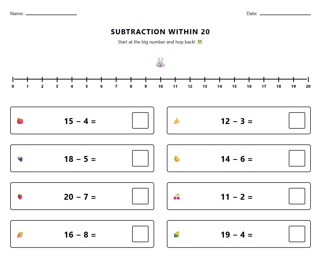 Subtraction within Twenty Number Line Guided Worksheet